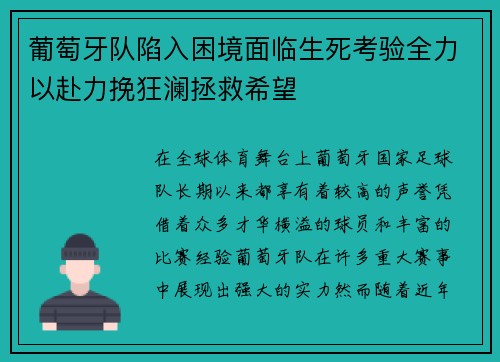 葡萄牙队陷入困境面临生死考验全力以赴力挽狂澜拯救希望