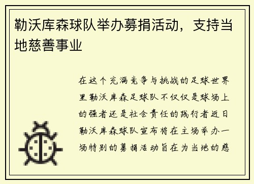 勒沃库森球队举办募捐活动，支持当地慈善事业